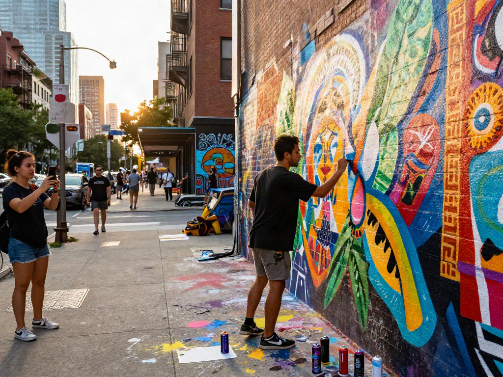 Creative artist painting vibrant mural in urban setting, expressing nsfw art culture and collaboration.